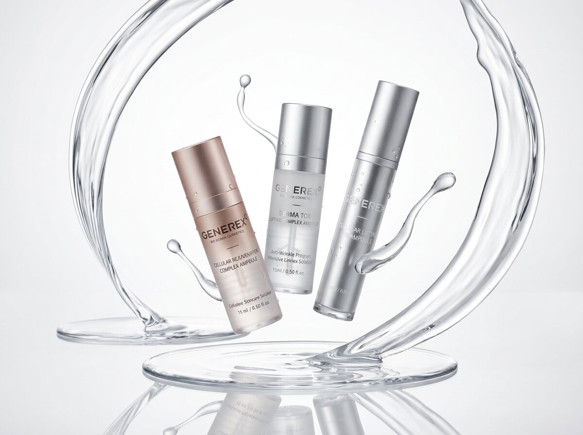 Three Generex ampoules - Cellular Rejuvenation Complex, Derma Tox Lifting Complex and Cellular Lifting Eye - held inside a curved ribbon of glass