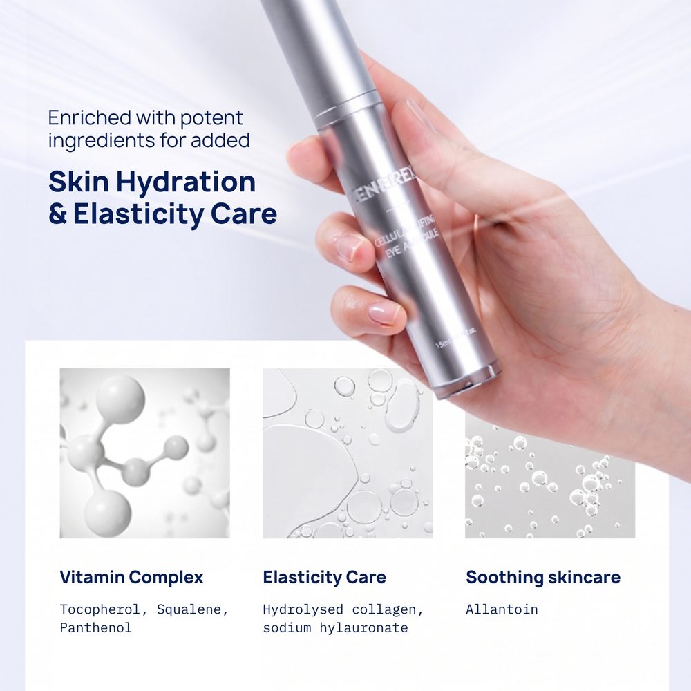 Brand panel: hydration and elasticity care, with the ampoule in hand