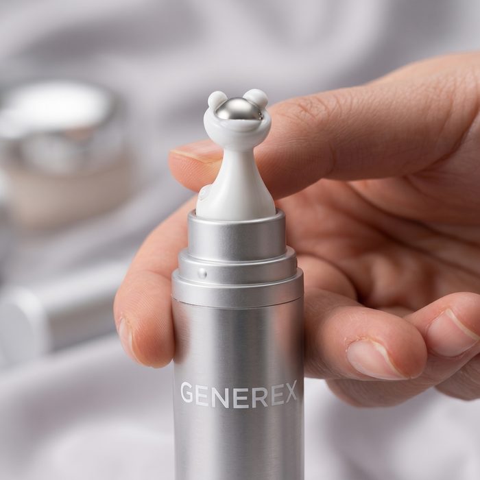 Step 2, Dispense. The ampoule's rolling-ball applicator head, held in one hand